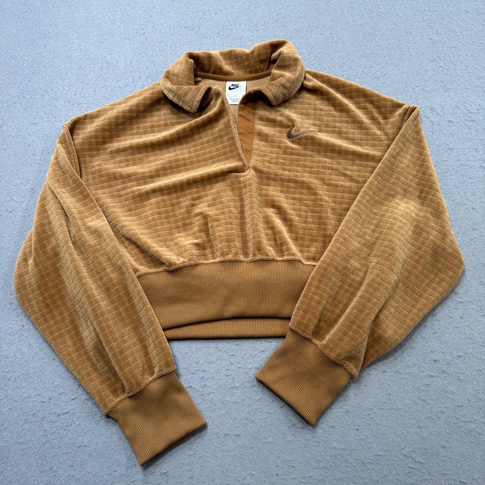 Nike Sweatshirt Women's Small Brown Grid Collared Velour Cropped Boxy Pullover - Picture 1 of 5